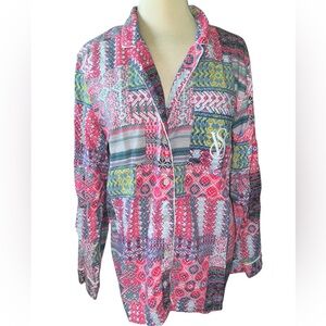 Victoria’s Secret sleep shirt button down patterned long sleeves colorful Sz LG